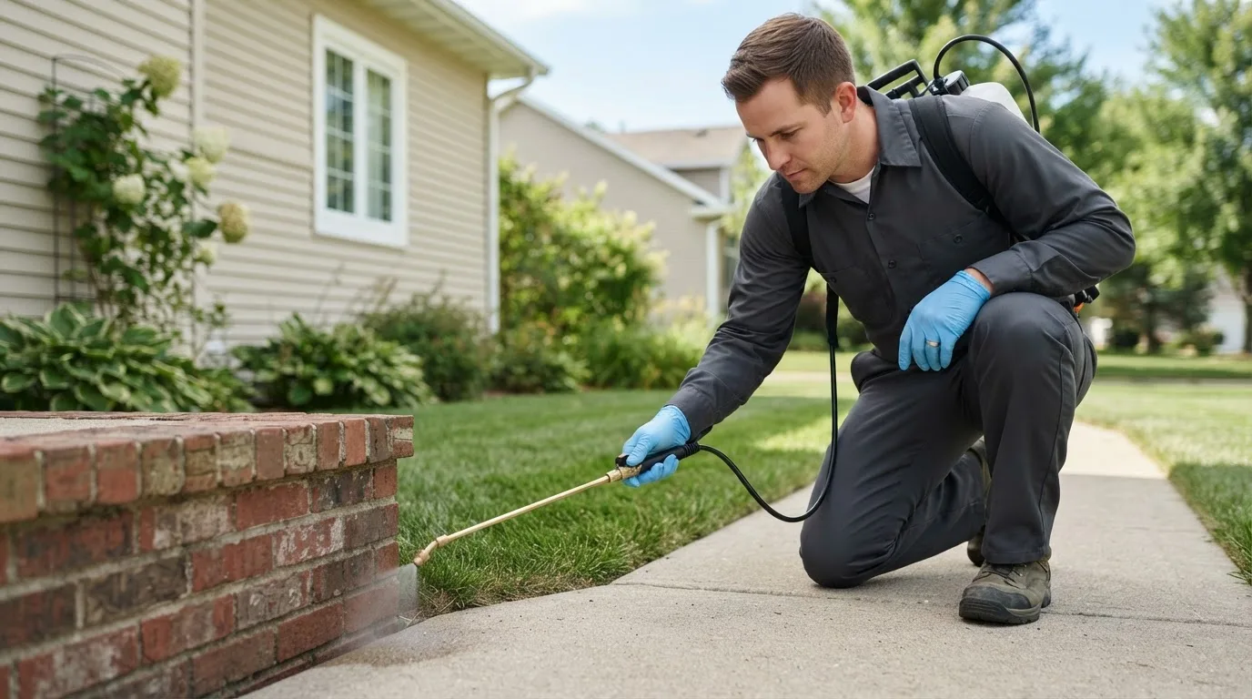 Pest control technician treating a home near Anderson, AK