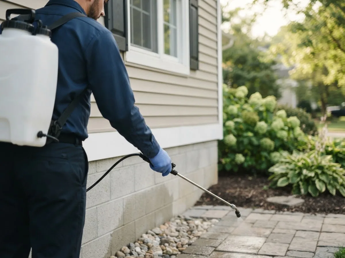 Pest control technician inspecting a home in Anderson, AK